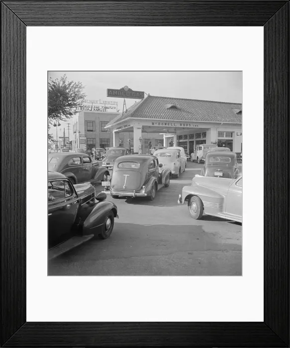 Framed Print : Gasoline lines on June 21, 1942, the day before rationing began during World War 2. Amoco Station on Wisconsin Avenue in Washington, D.C. (BSLOC_2013_14_171)