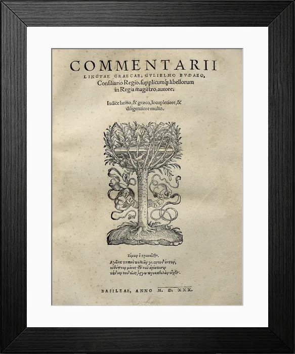 Framed Print : BUDE, Guillaume (1467-1540). French humanist, Hellenist scholar and diplomat. Comentarii Linguae Graecae (Basilea, 1530). Title page. - J Framed Print : BUDE, Guillaume (1467-1540). French humanist, Hellenist scholar and diplomat. Comentarii Linguae Graecae (Basilea, 1530). Title page. - J