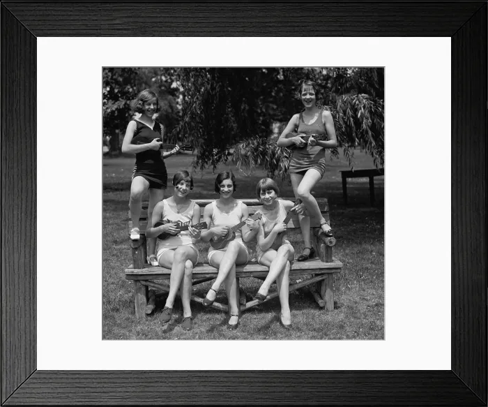 Framed Print : Women in bathing suits pose playing ukuleles. Washington, D.C. vicinity, July 9, 1926. (BSLOC_2015_17_204)