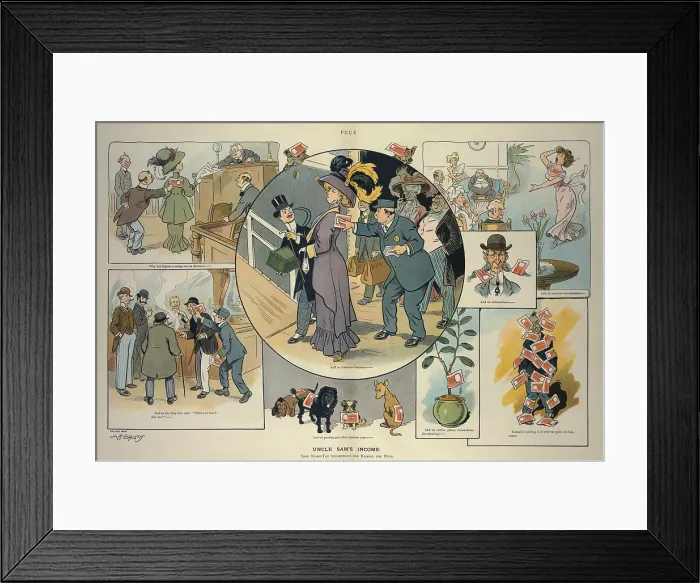 Framed Print : UNCLE SAM'S INCOME a April 21 1909 cartoon suggesting various taxes on wealth activities marriage and divorce dogs etc