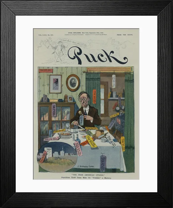 Framed Print : THE FREE AMERICAN CITIZEN a Sept. 1912 cartoon showing the added costs to American consumers who purchased highly taxed foreign goods