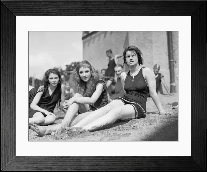 Framed Print : Three young women in bathing suits on sandy beach at the Tidal Basin, Washington, D.C. Ca. 1925. (BSLOC_2015_17_199)