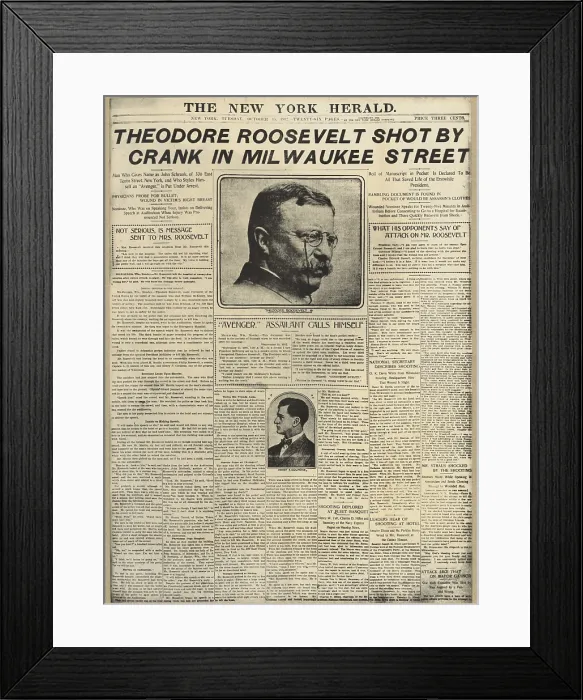 Framed Print : Headline reporting the shooting of Theodore Roosevelt