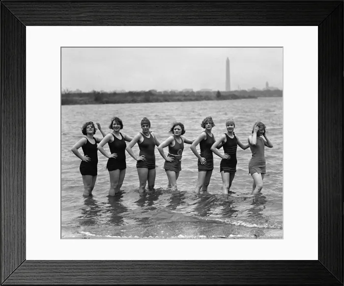 Framed Print : Seven young women in bathing suits in the Potomac River at Arlington Beach, April 29, 1925. In the background is the Washington Monument. (BSLOC_2015_17_200) Framed Print : Seven young women in bathing suits in the Potomac River at Arlington Beach, April 29, 1925. In the background is the Washington Monument. (BSLOC_2015_17_200)
