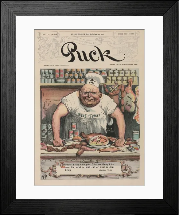 Framed Print : THE MEAT MARKET a 1906 cartoon by Carl Hassmann shows a butcher with meats labeled Potted Poison Chemical Corn Beef Bob Veal Chicken Tuberculosis Lard Decayed Roast Beef
