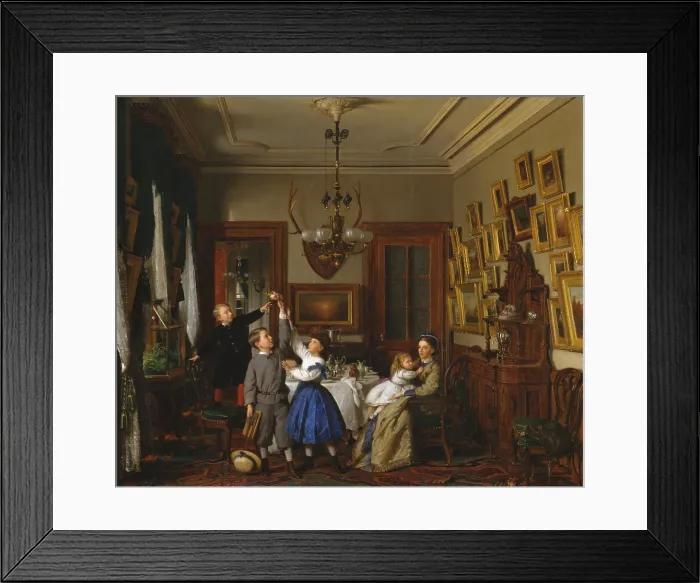 Framed Print : THE CONTEST FOR THE BOUQUET: by Seymour Joseph Guy, 1866, American painting, oil on canvas. Subtitled, THE FAMILY OF ROBERT GORDON IN THEIR NEW YORK DINING-ROOM Framed Print : THE CONTEST FOR THE BOUQUET: by Seymour Joseph Guy, 1866, American painting, oil on canvas. Subtitled, THE FAMILY OF ROBERT GORDON IN THEIR NEW YORK DINING-ROOM