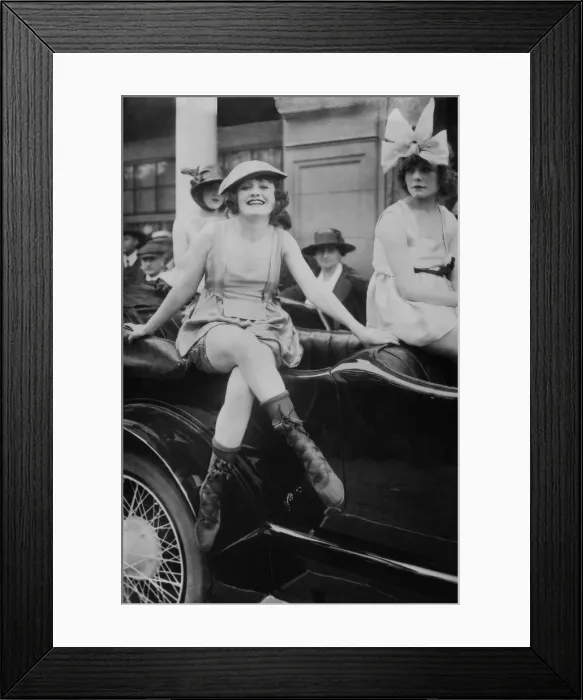 Framed Print : Three young women in bathing suits perched on a car in a Los Angeles street in the 1910s. Their bare arms and legs draw more attention than their elaborate head and foot wear Framed Print : Three young women in bathing suits perched on a car in a Los Angeles street in the 1910s. Their bare arms and legs draw more attention than their elaborate head and foot wear