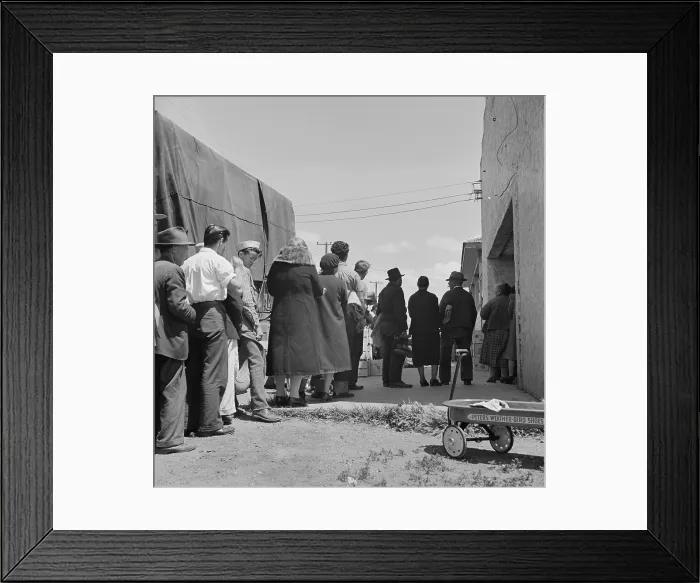 Framed Print : Depression era relief line, San Leandro, California, 1940. Elderly and young people will pick up surplus food commodities supplied by the government. (BSLOC_2013_8_15)