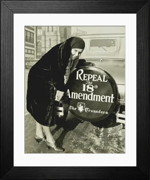 Framed Print : Repeal the 18th Amendment slogan on a spare tire cover. Dec. 16, 1930