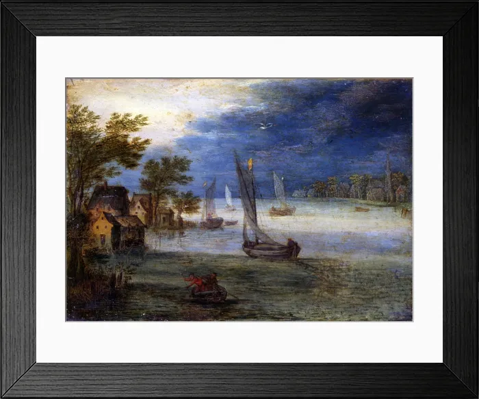 Framed Print : River View with Boats, by Unknown Artist close to Jan Bruegel the Elder also known as Bruegel of the Velvets, end of the 16th Century, oil on copper - Italy, Lombardy, Milan