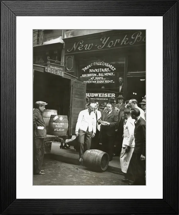 Framed Print : Malt beverages delivered in kegs to a bar and cabaret in NYC, 1928 Framed Print : Malt beverages delivered in kegs to a bar and cabaret in NYC, 1928