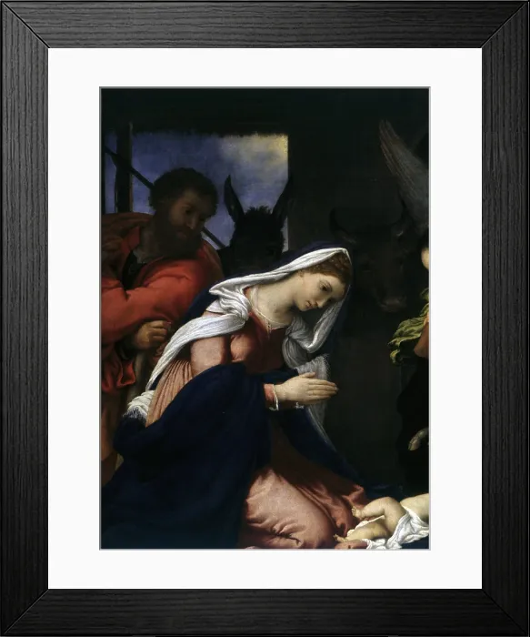 Framed Print : Adoration of the Sheperds, by Lorenzo Lotto, 1534, 16th Century, oil on canvas, 147 x 166 cm - Italy, Lombardy, Brescia, Tosio Martinengo Collection. Detail