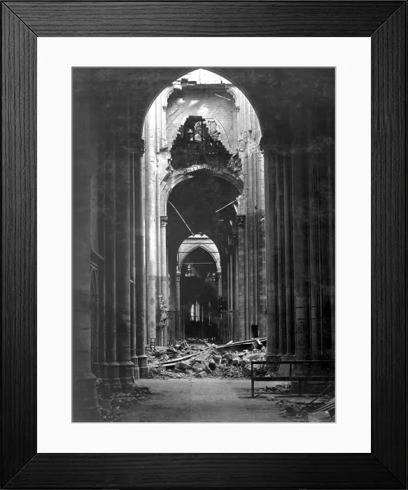 Framed Print : Ruins of the Cathedral of St. Quentin, France. The piers and pointed arches of the central nave were still standing after four years in the fighting zone of World War I
