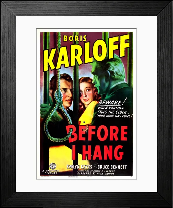 Framed Print : BEFORE I HANG, US poster, from left: Bruce Bennett, Evelyn Keyes, Boris Karloff, 1940