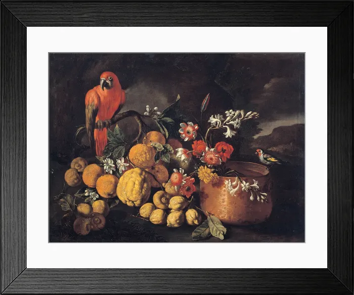 Framed Print : Ruoppolo Giuseppe, Still Life with Citrus (Fruits), Copper Kettle, Flowers and Parrot, 17th Century, oil on canvas Framed Print : Ruoppolo Giuseppe, Still Life with Citrus (Fruits), Copper Kettle, Flowers and Parrot, 17th Century, oil on canvas