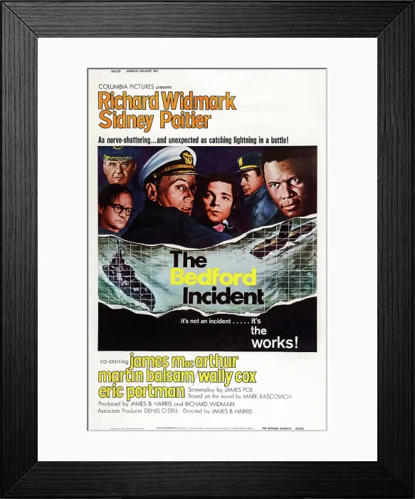 Framed Print : THE BEDFORD INCIDENT, US poster, from left: Eric Portman, Wally Cox, Richard Widmark, James MacArthur, Martin Balsam, Sidney Poitier, 1965