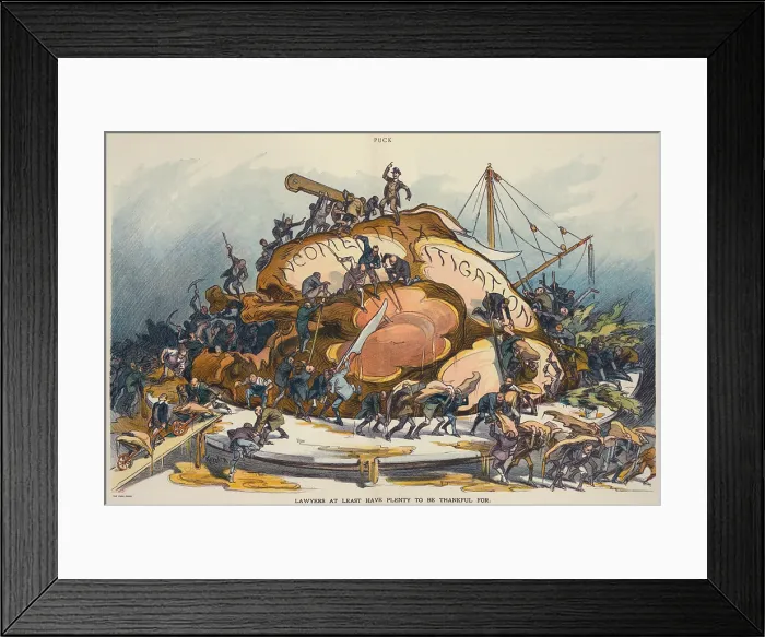 Framed Print : 1913 Cartoon about the Federal Income Tax captioned Lawyers at least have plenty to be thankful for. The illustration shows lawyers carving a large turkey labeled