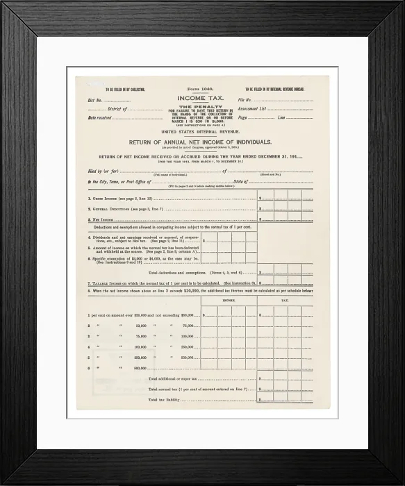 Framed Print : 1913 Federal Income Tax 1040 form Framed Print : 1913 Federal Income Tax 1040 form