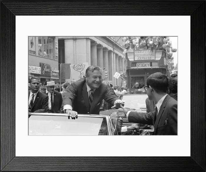 Framed Print : Nelson Rockefeller campaigning on Wall Street, New York City, July 11, 1968. He was seeking the Republican presidential nomination in 1968. (BSLOC_2015_17_234) Framed Print : Nelson Rockefeller campaigning on Wall Street, New York City, July 11, 1968. He was seeking the Republican presidential nomination in 1968. (BSLOC_2015_17_234)