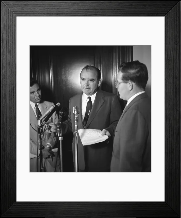 Framed Print : Senator Joseph McCarthy speaking to press during the Army-McCarthy hearings in June 1954. His unsubstantiated accusations of communist subversion against several high ranking U.S