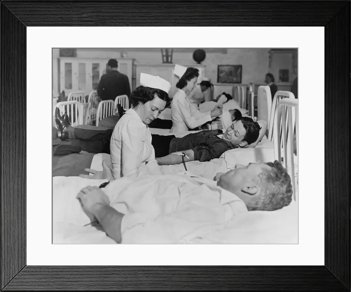 Framed Print : San Quentin prisoners contribute their blood to the Red Cross during World War 2. Ca. 1943. (BSLOC_2013_14_191)
