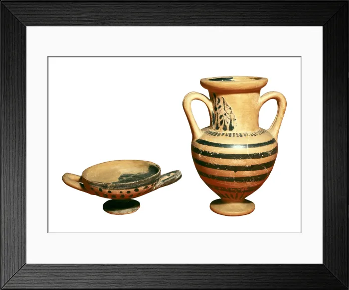 Framed Print : Black-figure amphora and kylix. 6th-5th c. BC. Geometric Greek art. Ceramics. SPAIN. Barcelona. Archaeology Museum of Catalonia. Proc: SPAIN. L'Escala. Empuries. - P