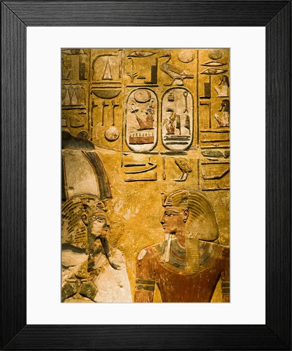 Framed Print : Pharaoh Seti I and god Osiris. Piece of a column. 1290 BC. Egyptian art. New Kingdom. Painting; Relief. GERMANY. Berlin. Altes Museum
