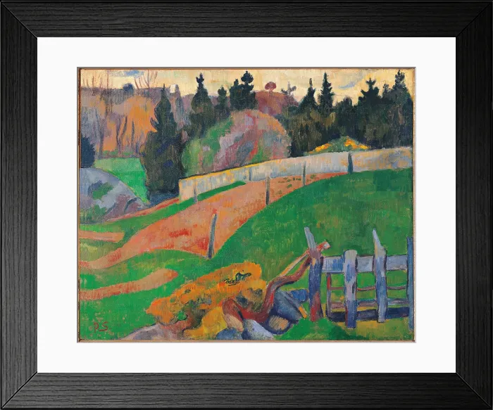 Framed Print : The Fence, by Paul Srusier, 1890, 19th Century, oil on canvas, cm 50, 5 x 62 - France, Ile de France, Paris, Muse dOrsay. All. Fence tree plants flowers blue green brown orange