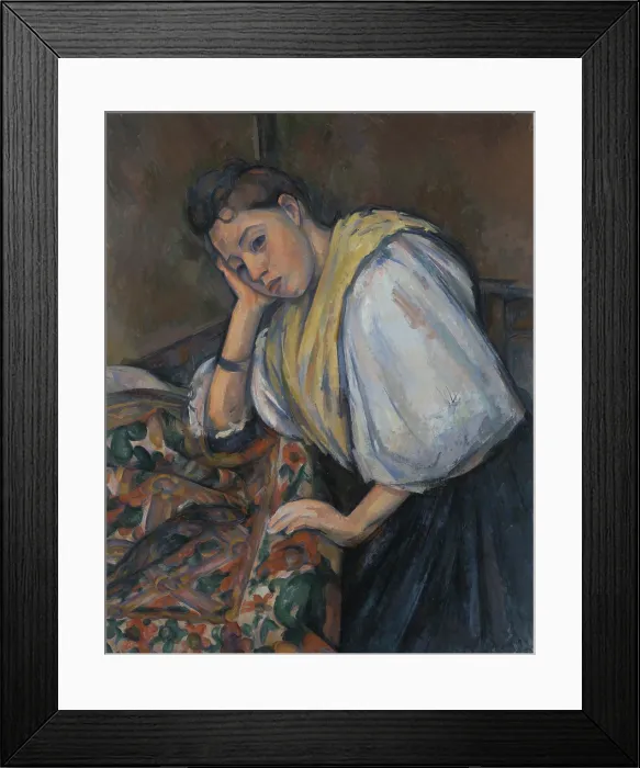 Framed Print : Young Italian Woman at a Table, by Paul Cezanne, 1895-1900, French Post-Impressionist painting, oil on canvas Framed Print : Young Italian Woman at a Table, by Paul Cezanne, 1895-1900, French Post-Impressionist painting, oil on canvas