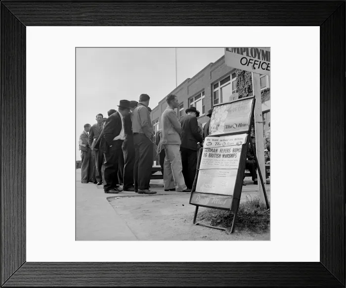 Framed Print : Prospective employees in line at the Lockheed plant, Los Angeles, April 1940. Newspaper headline reports on the German invasion of Norway. (BSLOC_2013_8_16)