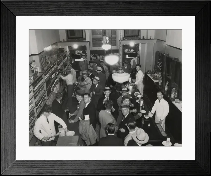 Framed Print : Los Angeles liquor store with customers purchasing and drinking liquor, Dec. 6, 1933. (BSLOC_2013_8_152) Framed Print : Los Angeles liquor store with customers purchasing and drinking liquor, Dec. 6, 1933. (BSLOC_2013_8_152)