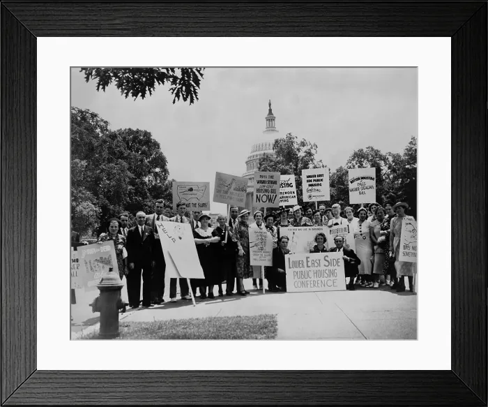 Framed Print : New Yorkers protest for passage of the Wagner-Steagall Housing Act, 1937. The act was passed to replace derelict housing with safe dwellings for low-income families on Sept Framed Print : New Yorkers protest for passage of the Wagner-Steagall Housing Act, 1937. The act was passed to replace derelict housing with safe dwellings for low-income families on Sept