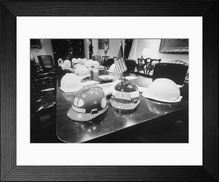Framed Print : Hard hats in the Nixon White House Cabinet Room. After the Hard Hat Riot in New York City construction workers were identified as a Pro-Nixon constituency