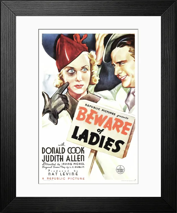 Framed Print : BEWARE OF LADIES, from left on US poster art: Judith Allen, Donald Cook, 1937