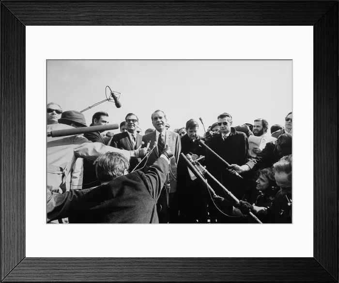 Framed Print : Richard Nixon holding an outdoor press conference. Ca. 1969-74