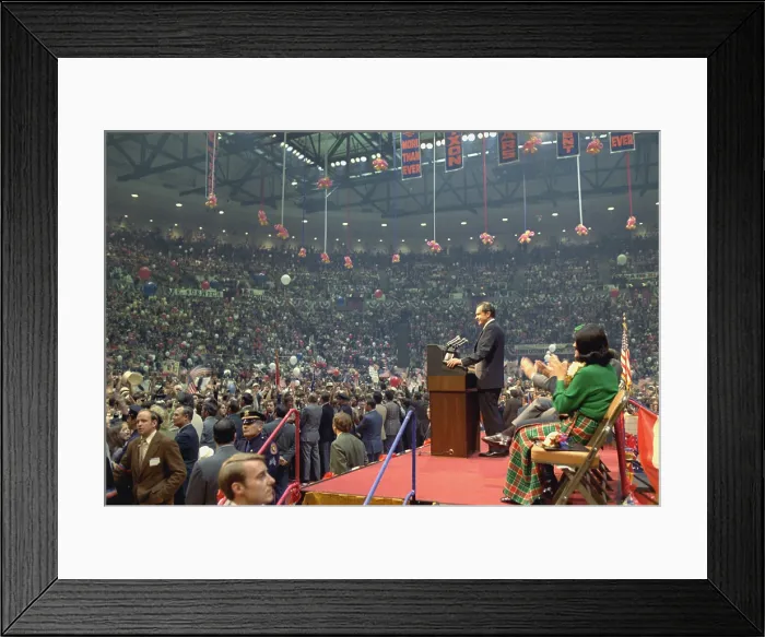Framed Print : Nixon 1972 Re-election Campaign. Richard Nixon speaking at a campaign event at Nassau County Coliseum in New York. Oct. 23 1972 Framed Print : Nixon 1972 Re-election Campaign. Richard Nixon speaking at a campaign event at Nassau County Coliseum in New York. Oct. 23 1972