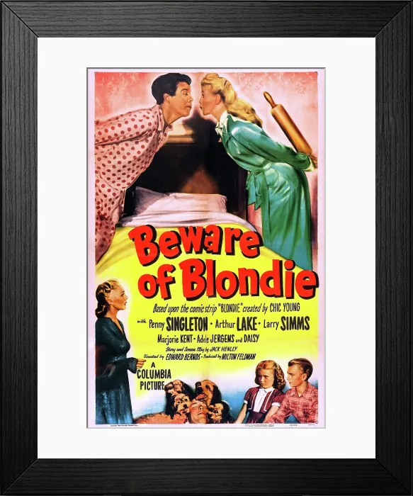 Framed Print : BEWARD OF BLONDIE, US poster art, top from left: Arthur Lake, Penny Singleton; botttom left: Adele Jergens; bottom right: Marjorie Ann Mutchie, (aka Marjorie Kent), Larry Simms