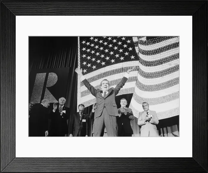 Framed Print : President Richard Nixon making his signature V gesture at National Association of Realtors convention in Washington D.C. Nov. 15 1973 Framed Print : President Richard Nixon making his signature V gesture at National Association of Realtors convention in Washington D.C. Nov. 15 1973