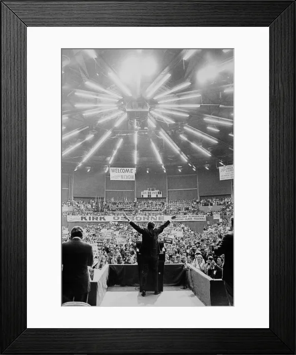 Framed Print : President Richard Nixon making his signature V gesture while speaking to a Florida crowd. Ca. 1969-74 Framed Print : President Richard Nixon making his signature V gesture while speaking to a Florida crowd. Ca. 1969-74
