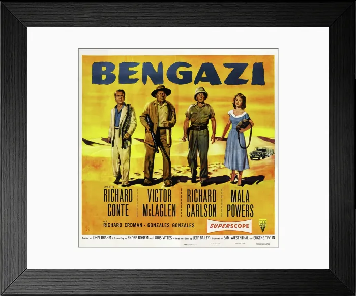 Framed Print : BENGAZI, US poster, from left: Richard Conte, Victor McLaglen, Richard Carlson, Mala Powers, 1955