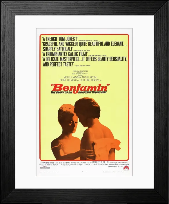Framed Print : BENJAMIN, (aka THE DIARY OF AN INNOCENT BOY), US poster, from left: Catherine Deneuve, Pierre Clementi, 1968 Framed Print : BENJAMIN, (aka THE DIARY OF AN INNOCENT BOY), US poster, from left: Catherine Deneuve, Pierre Clementi, 1968