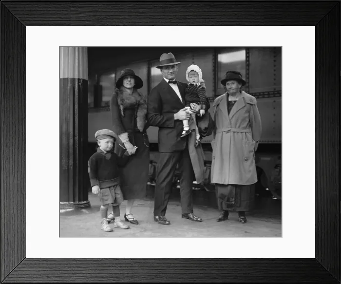 Framed Print : Star pitcher Walter Johnson with his wife, mother, and children at Union Station, Sept. 30, 1924