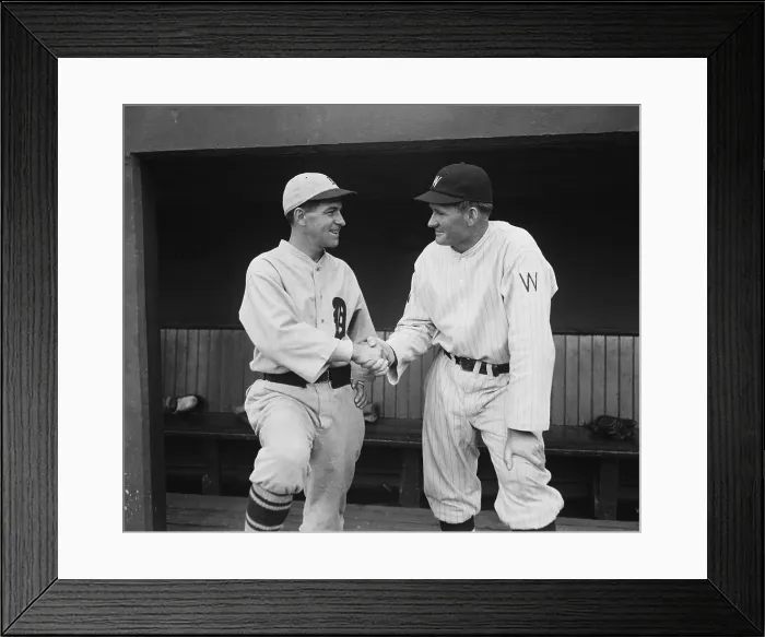 Framed Print : Former teammates Walter Johnson and Bucky Harris meet as managers of opposing baseball teams
