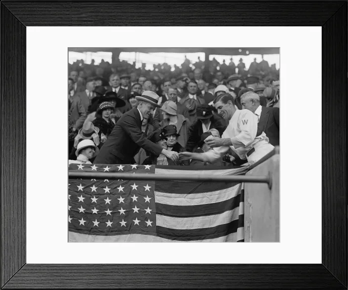Framed Print : Bucky Harris presents President Calvin Coolidge with baseball used to open the 1924 World Series. Oct. 4, 1924