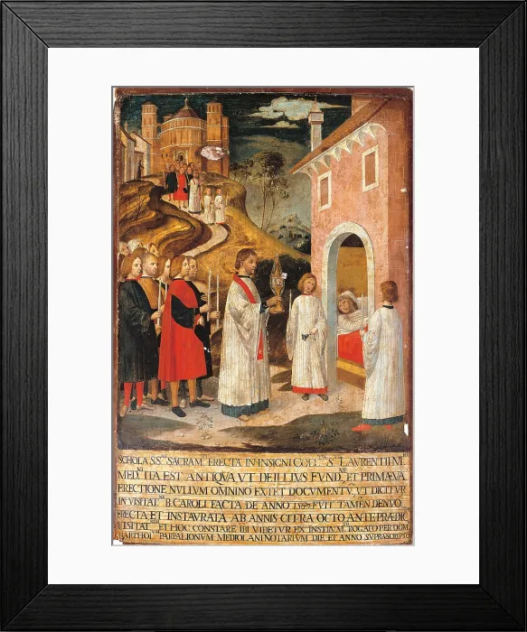 Framed Print : Visit to St Lawrence, by Anonymous Lombard Artist, 1597, 16th Century, panel, - Italy, Lombardy, Milan, San Lorenzo Basilica, forceps-shaped atrium in SantAquilino. All