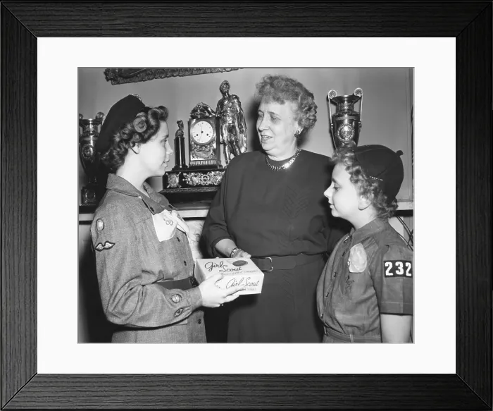 Framed Print : First Lady Bess Truman purchases the first box of cookies to start the annual Girl Scout fundraiser. Feb. 24, 1950. - (BSLOC_2014_15_94) Framed Print : First Lady Bess Truman purchases the first box of cookies to start the annual Girl Scout fundraiser. Feb. 24, 1950. - (BSLOC_2014_15_94)