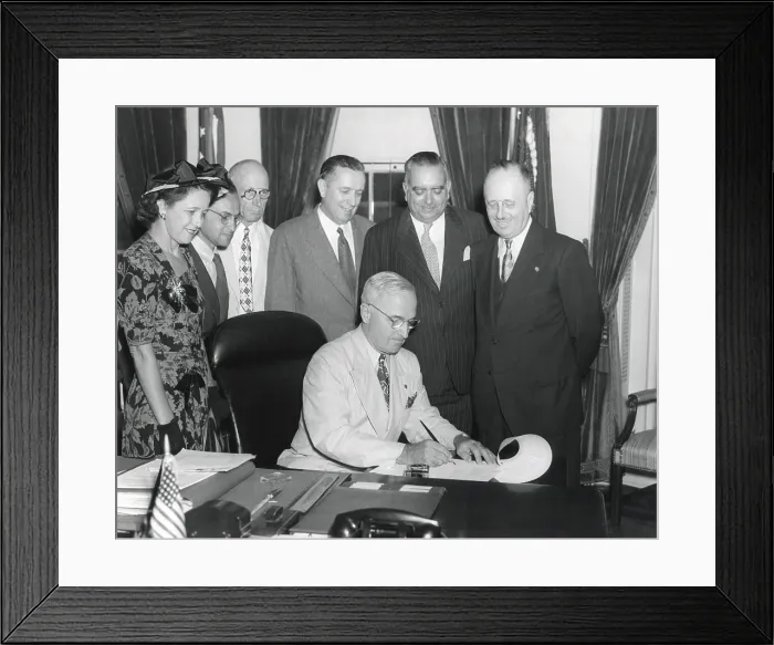 Framed Print : President Harry Truman signing a bill regarding Puerto Rico, Aug. 5, 1947. The law made the governorship of Puerto Rico an elected office, beginning in 1948