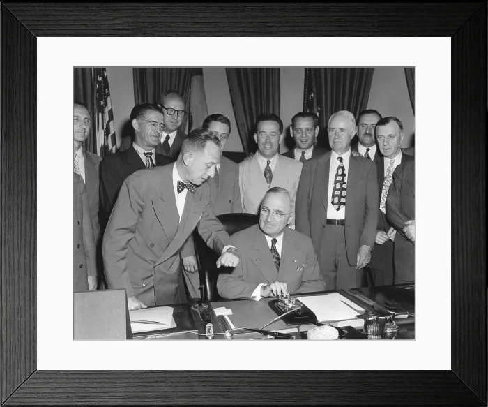 Framed Print : President Harry Truman about to push a button activating a new generator at Grand Coulee Dam. May 20, 1949. Members of Congress from a number of Western states look Framed Print : President Harry Truman about to push a button activating a new generator at Grand Coulee Dam. May 20, 1949. Members of Congress from a number of Western states look