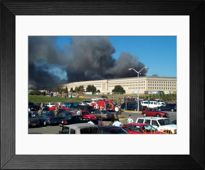 Framed Print : The parking lot on the Metro Concourse side of the Pentagon as smoke