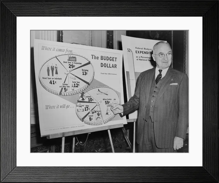 Framed Print : President Harry Truman, standing next to budget charts for the 1954 fiscal year. 1953. - (BSLOC_2014_15_79)